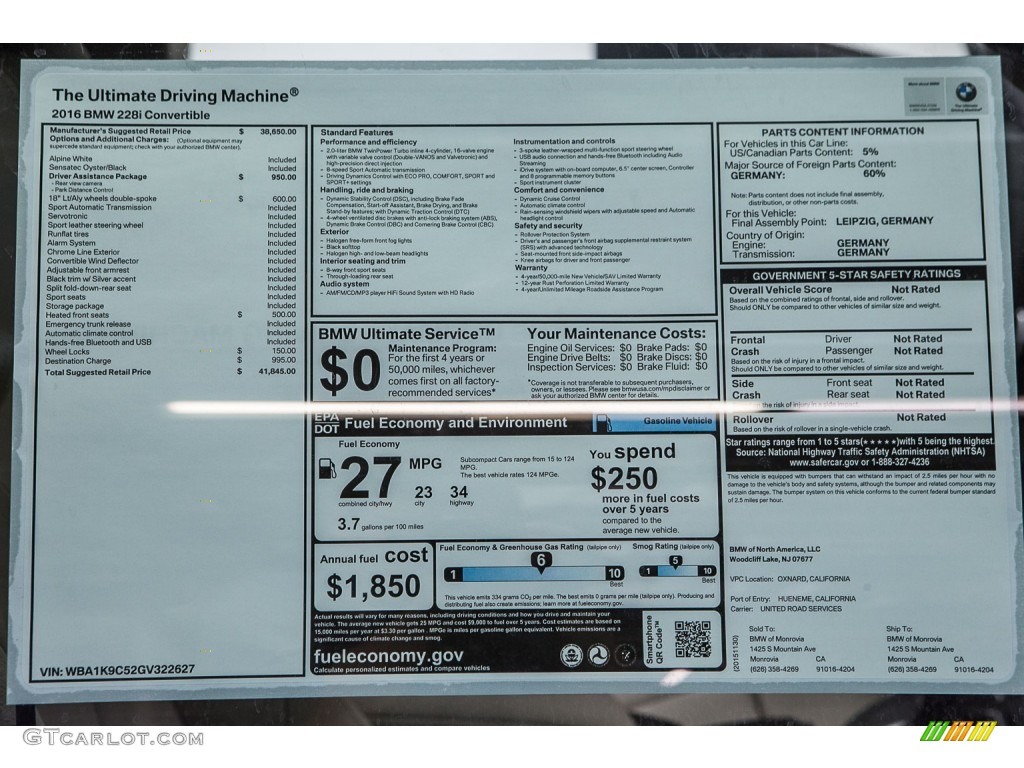 2016 BMW 2 Series 228i Convertible Window Sticker Photo #109425303