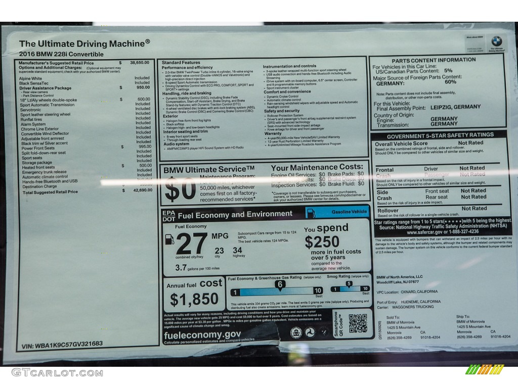 2016 BMW 2 Series 228i Convertible Window Sticker Photo #109425624