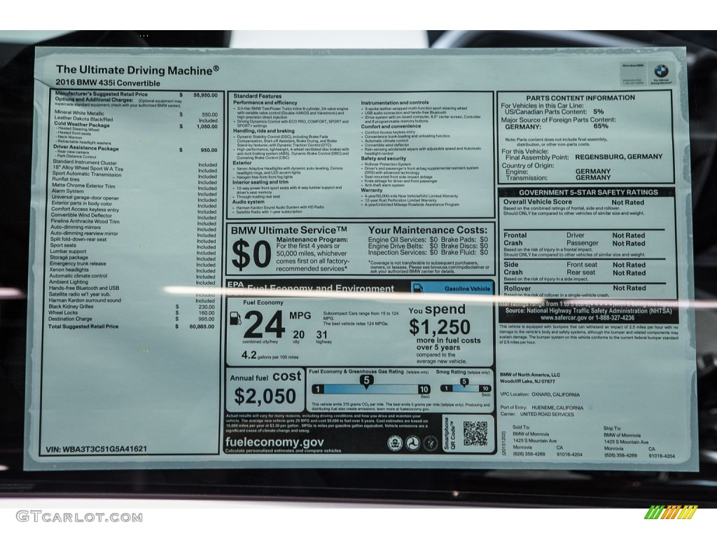 2016 BMW 4 Series 435i Convertible Window Sticker Photo #109427979