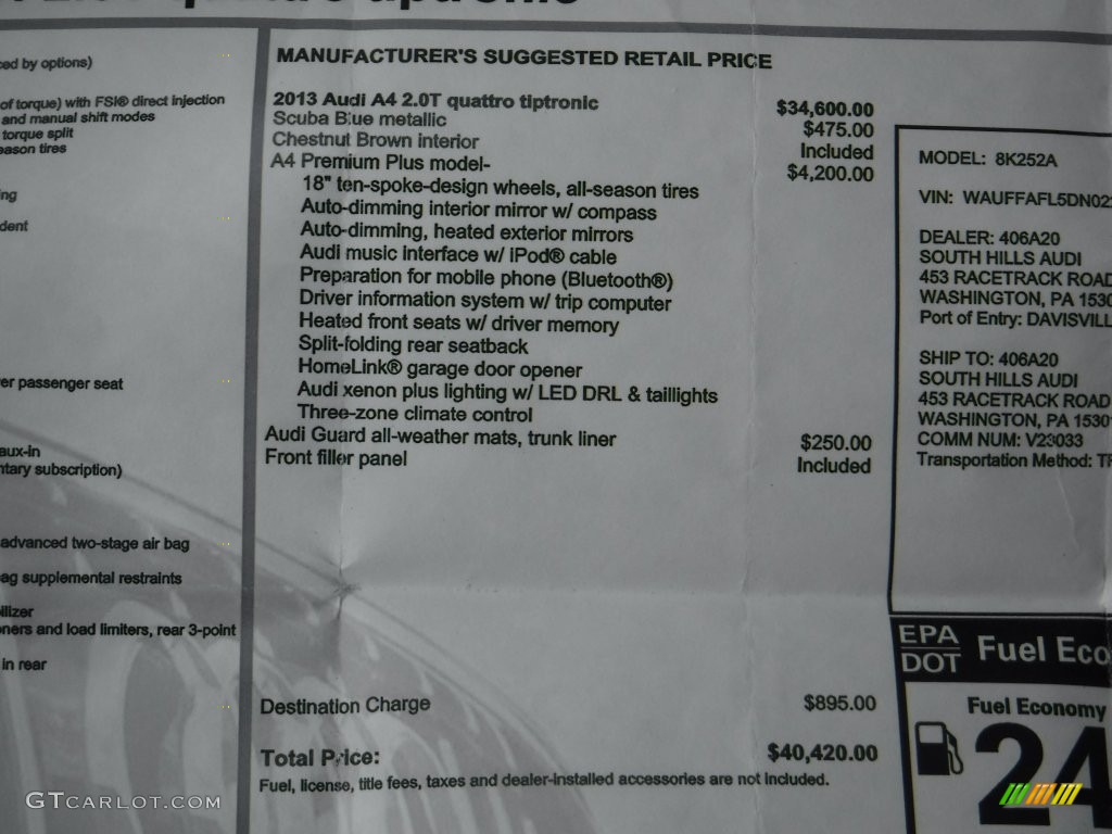 2013 A4 2.0T quattro Sedan - Scuba Blue Metallic / Chestnut Brown photo #38