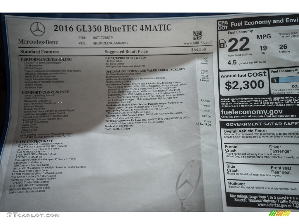 2016 Mercedes-Benz GL 350 BlueTEC 4Matic Window Sticker Photo #109464221
