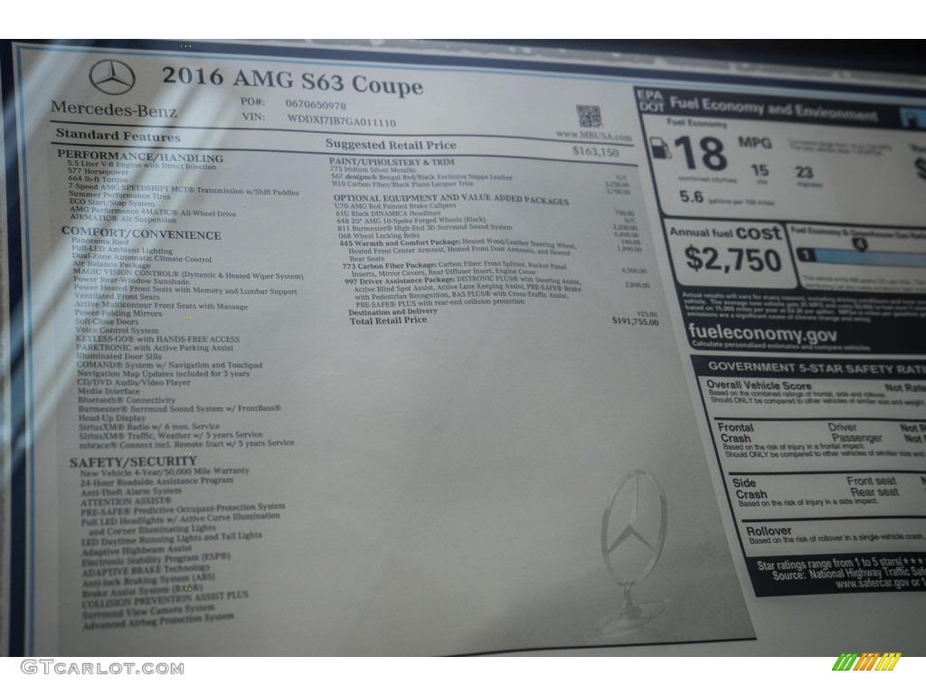 2016 Mercedes-Benz S 63 AMG 4Matic Coupe Window Sticker Photo #109464636
