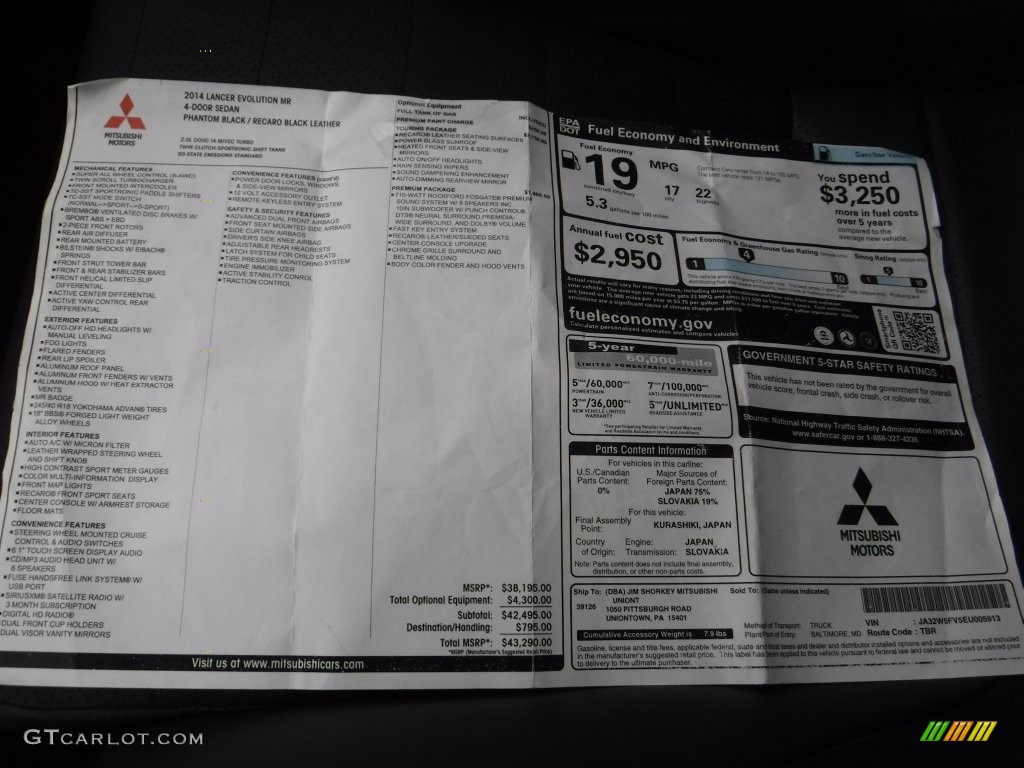 2014 Mitsubishi Lancer Evolution MR Window Sticker Photo #109483844