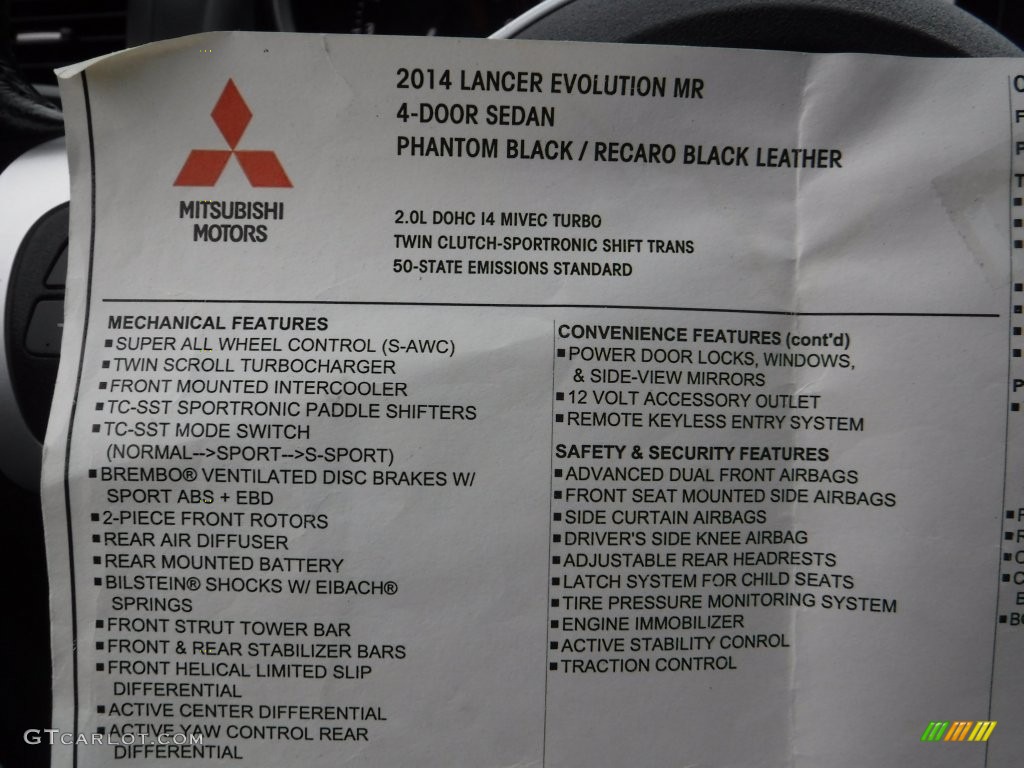 2014 Mitsubishi Lancer Evolution MR Window Sticker Photo #109483901