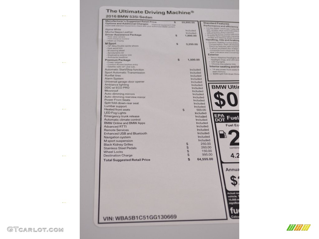2016 BMW 5 Series 535i Sedan Window Sticker Photo #109522720