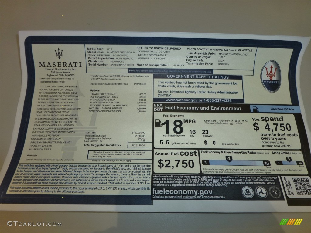 2016 Maserati Quattroporte GTS Window Sticker Photos