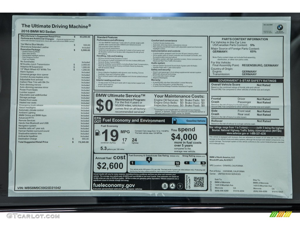 2016 BMW M3 Sedan Window Sticker Photo #109543298