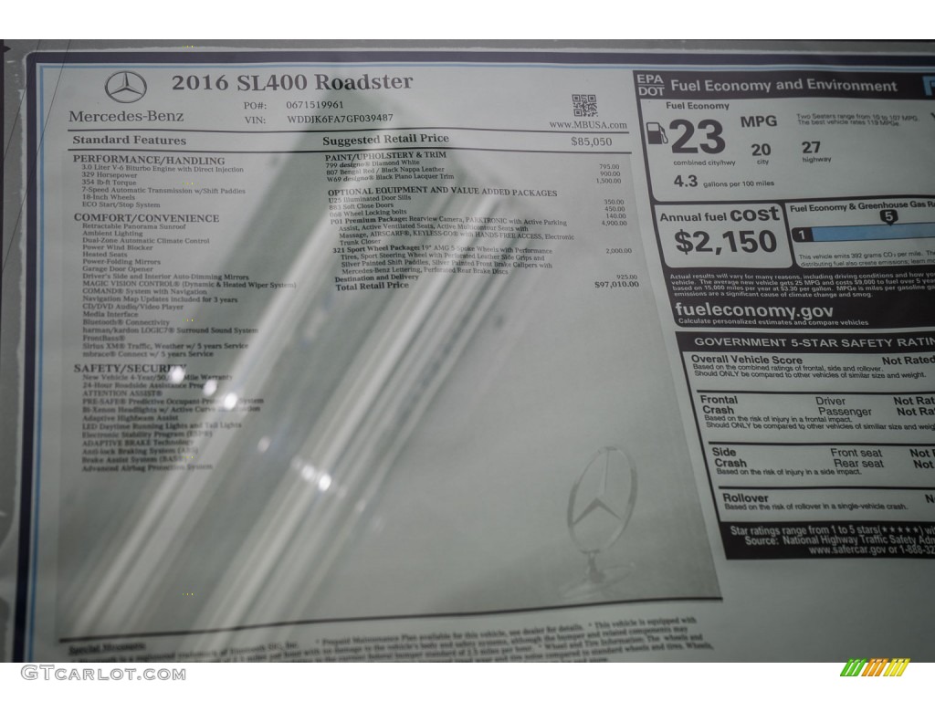 2016 Mercedes-Benz SL 400 Roadster Window Sticker Photo #109544716