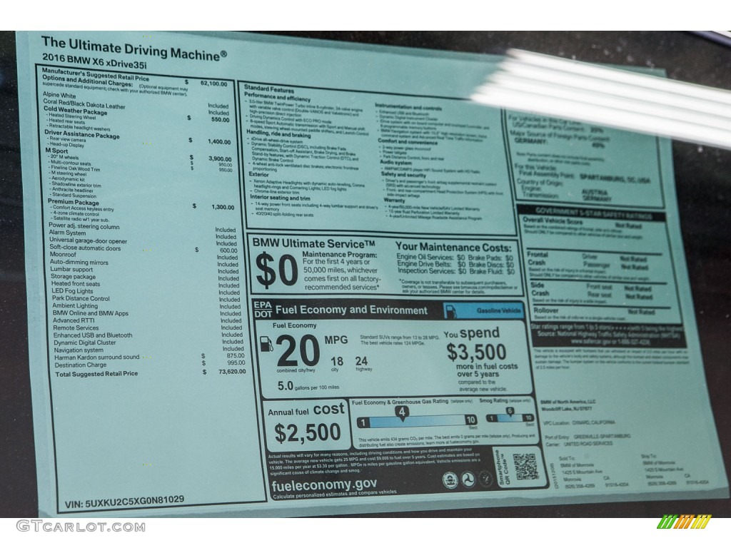 2016 BMW X6 xDrive35i Window Sticker Photo #109545628