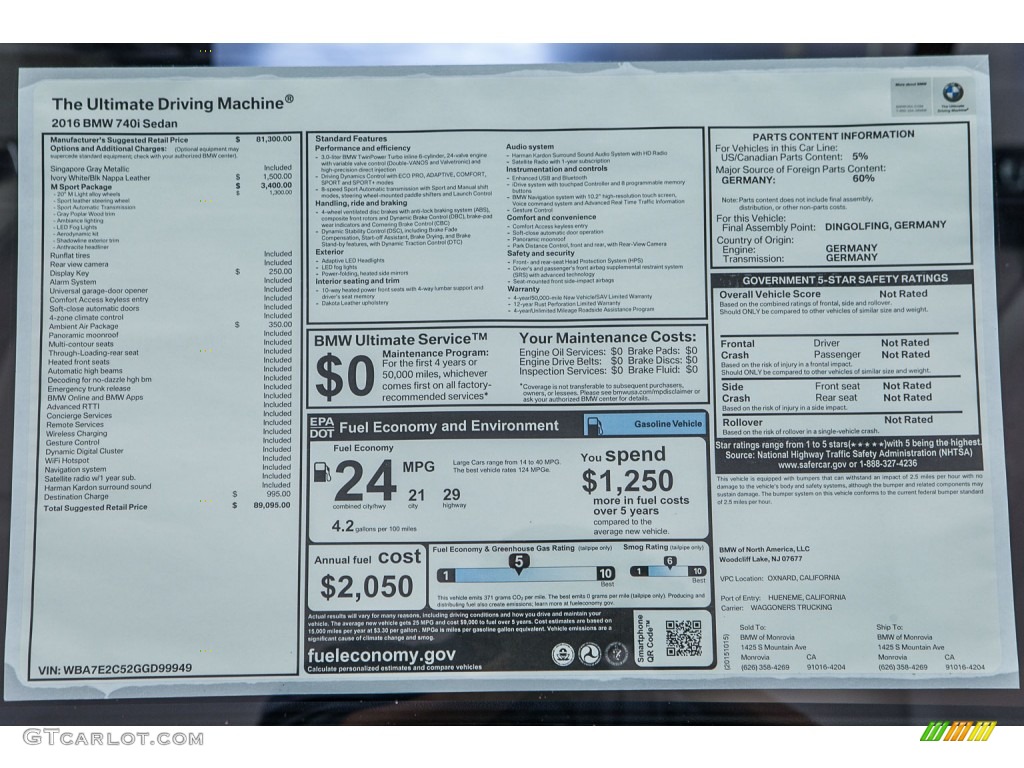 2016 BMW 7 Series 740i Sedan Window Sticker Photo #109554580