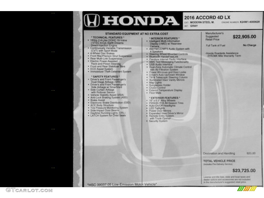 2016 Accord LX Sedan - Modern Steel Metallic / Gray photo #17