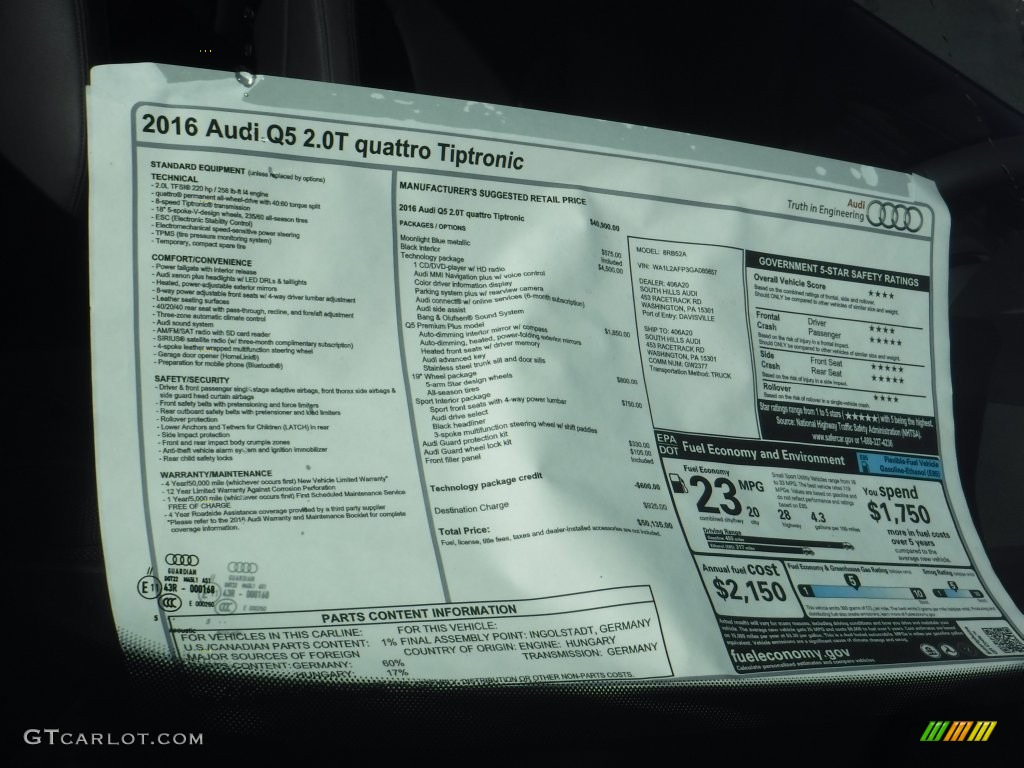 2016 Q5 2.0 TFSI Premium quattro - Moonlight Blue Metallic / Black photo #10