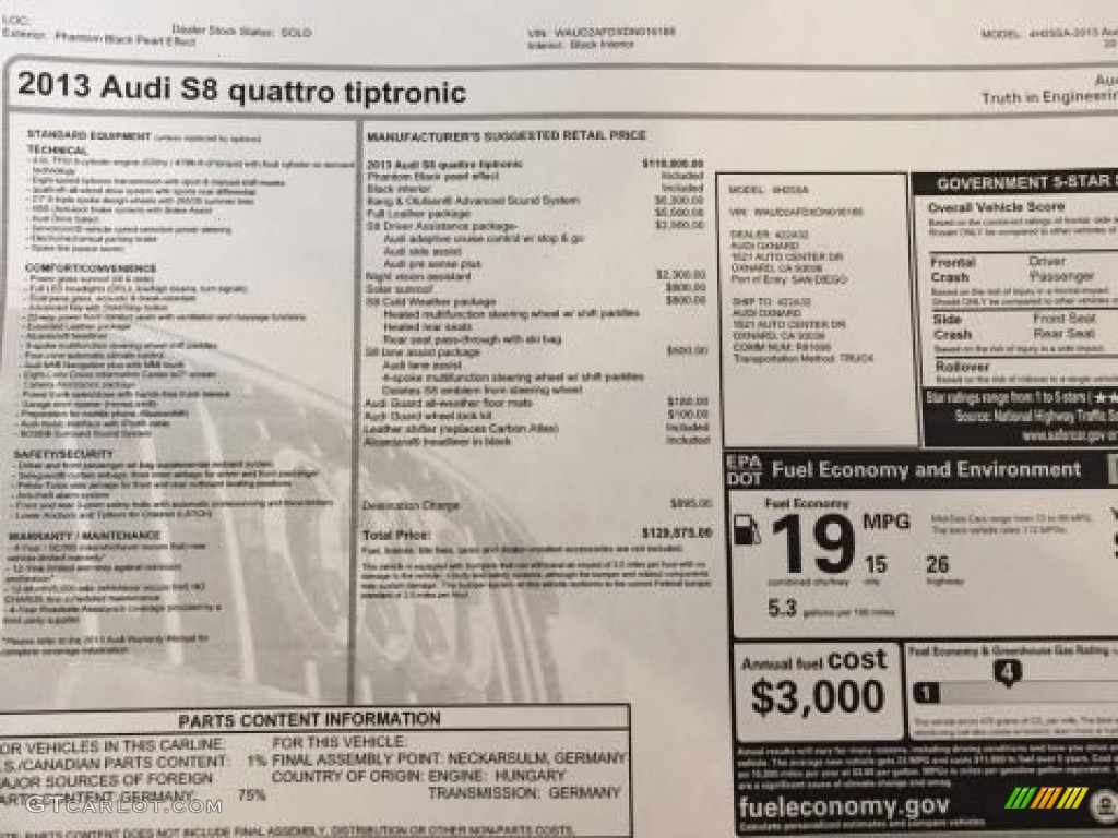 2013 Audi S8 4.0 TFSI quattro Sedan Window Sticker Photos
