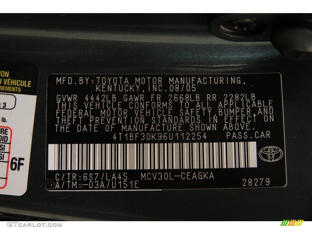 2006 Toyota Camry XLE V6 Color Code Photos