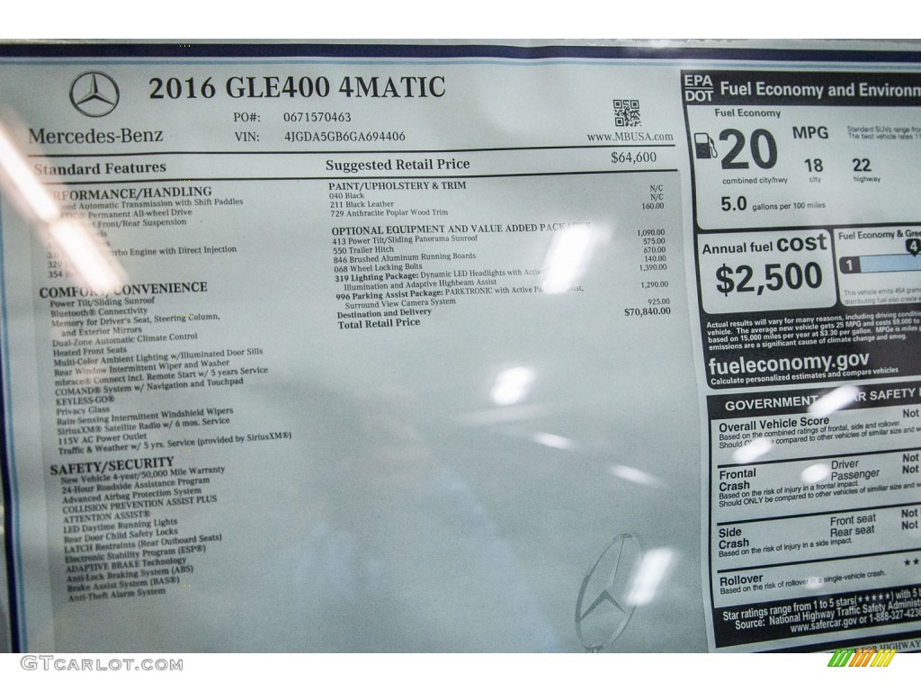 2016 Mercedes-Benz GLE 400 4Matic Window Sticker Photo #109690551