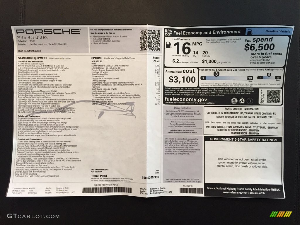 2016 Porsche 911 GT3 RS Window Sticker Photo #109812531