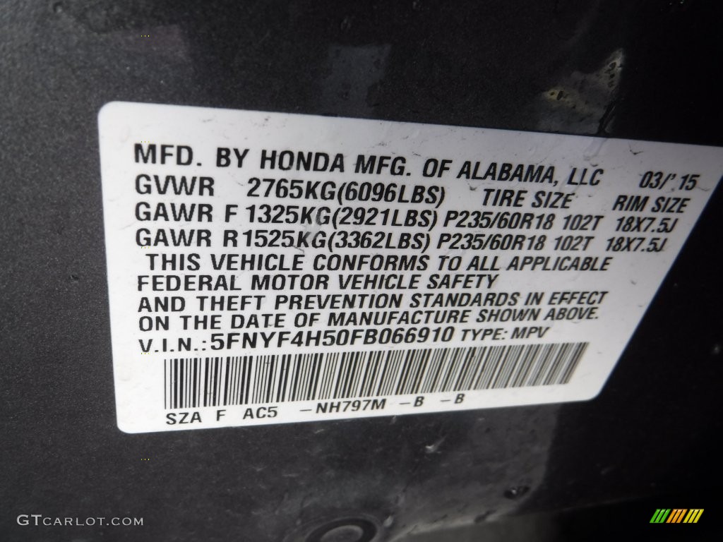 2015 Pilot EX-L 4WD - Modern Steel Metallic / Gray photo #25