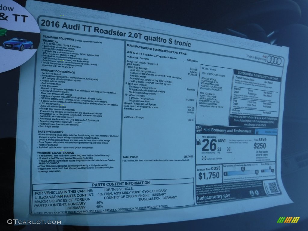 2016 Audi TT 2.0T quattro Roadster Window Sticker Photos