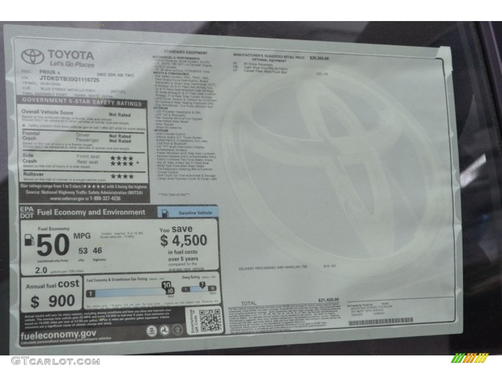 2016 Prius c Two - Blue Streak Metallic / Ash/Black photo #10
