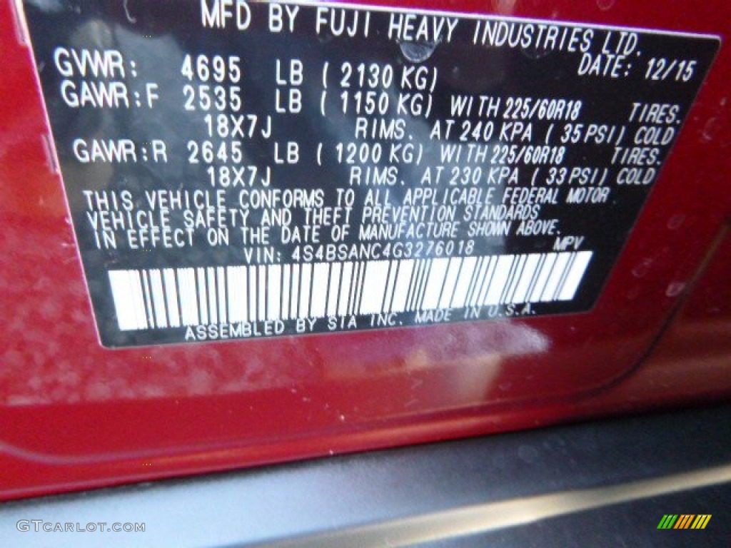 2016 Outback 2.5i Limited - Venetian Red Pearl / Slate Black photo #17