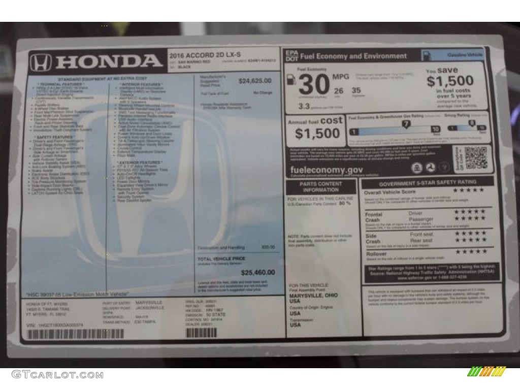 2016 Honda Accord LX-S Coupe Window Sticker Photo #109939350
