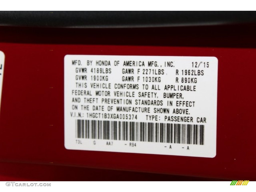 2016 Accord Color Code R34 for San Marino Red Photo #109939368