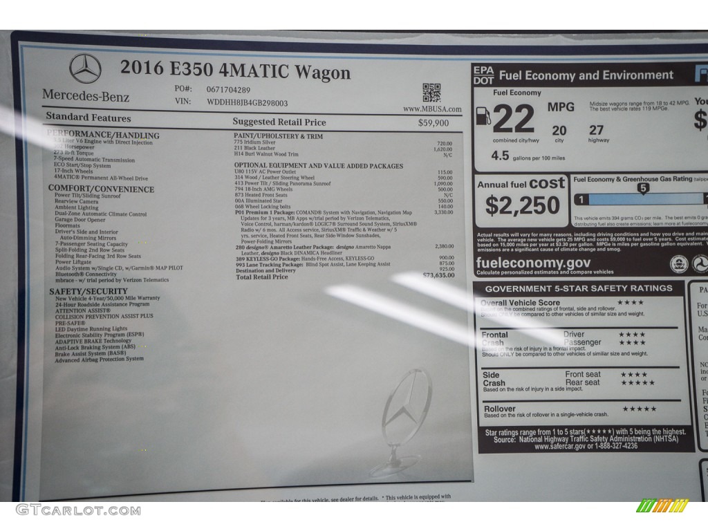 2016 Mercedes-Benz E 350 4Matic Wagon Window Sticker Photo #109952756