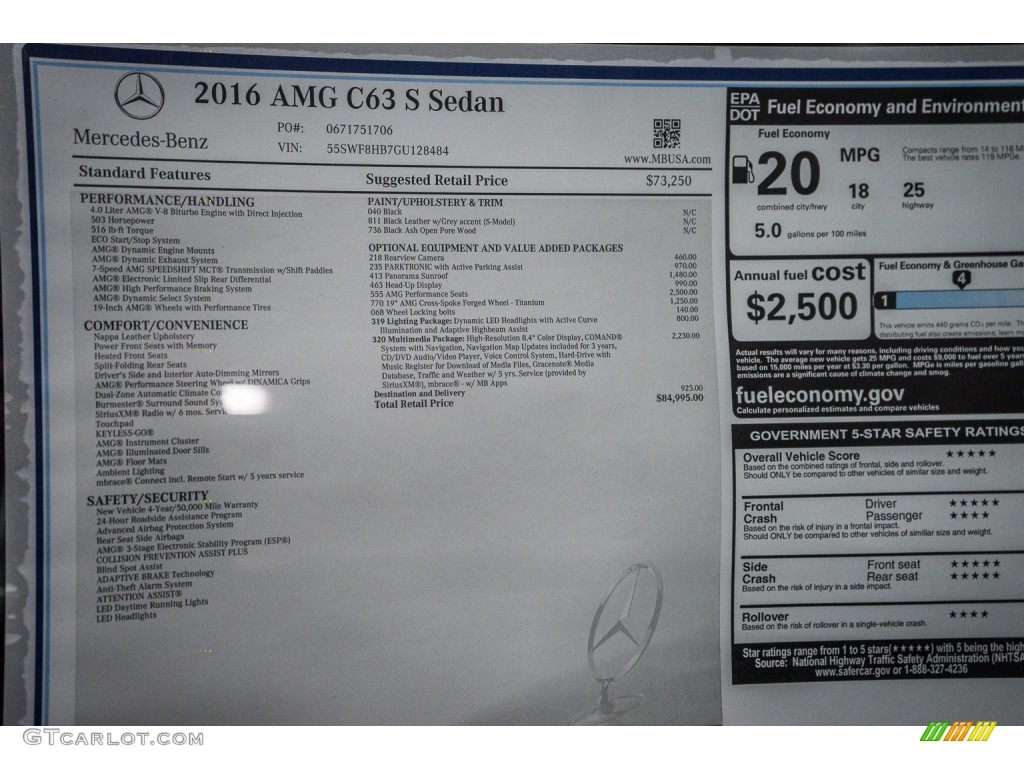2016 Mercedes-Benz C 63 S AMG Sedan Window Sticker Photo #109987857