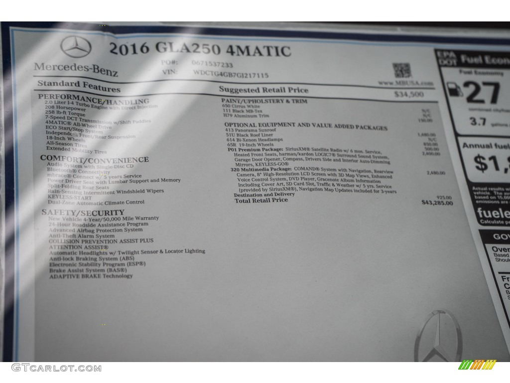 2016 GLA 250 4Matic - Cirrus White / Black photo #11