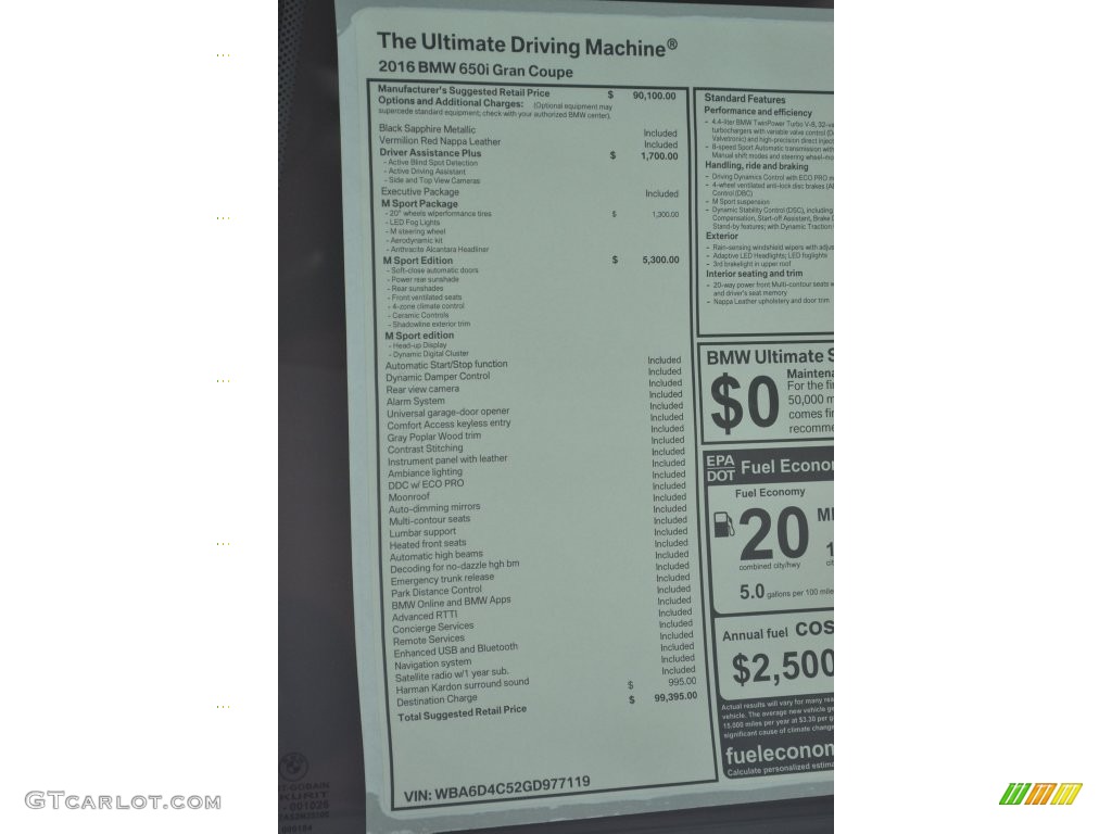 2016 BMW 6 Series 650i Gran Coupe Window Sticker Photo #110101718