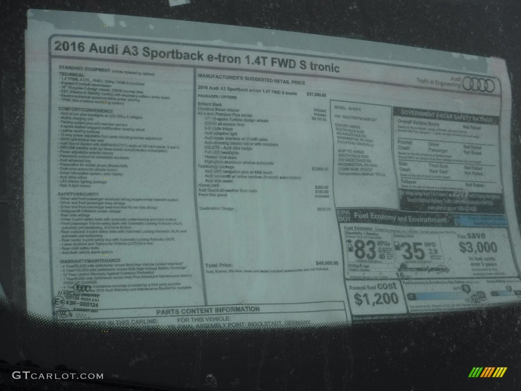 2016 Audi A3 Sportback e-tron Premium Window Sticker Photo #110125775