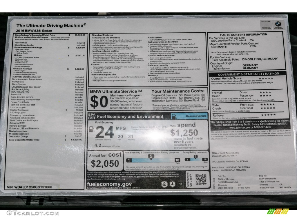 2016 BMW 5 Series 535i Sedan Window Sticker Photo #110164540