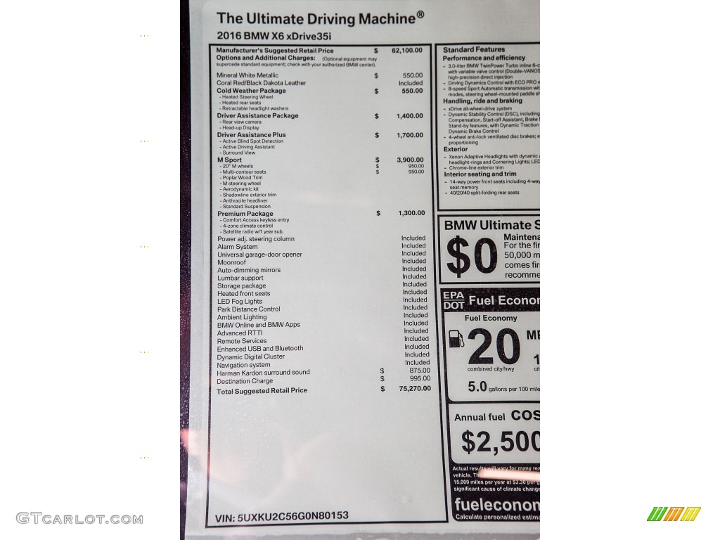 2016 BMW X6 xDrive35i Window Sticker Photo #110166856