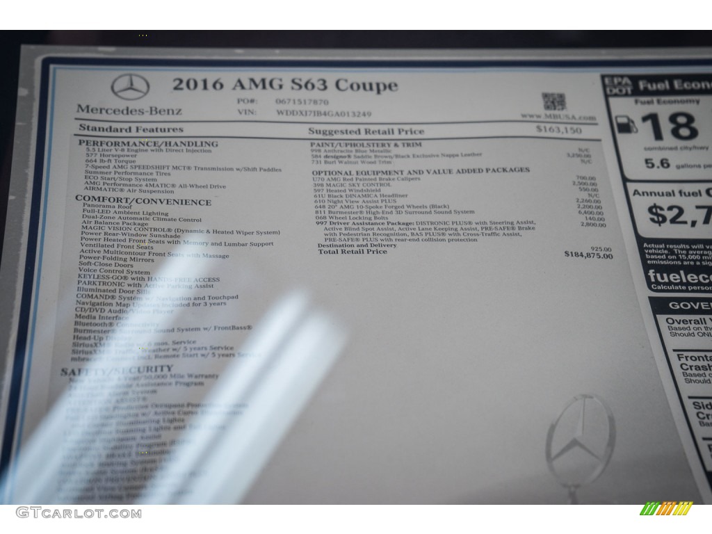 2016 Mercedes-Benz S 63 AMG 4Matic Coupe Window Sticker Photo #110182639