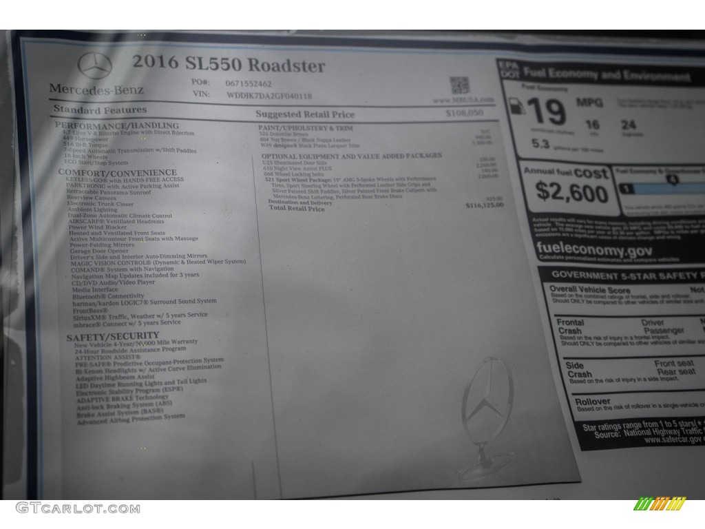 2016 Mercedes-Benz SL 550 Roadster Window Sticker Photo #110209873