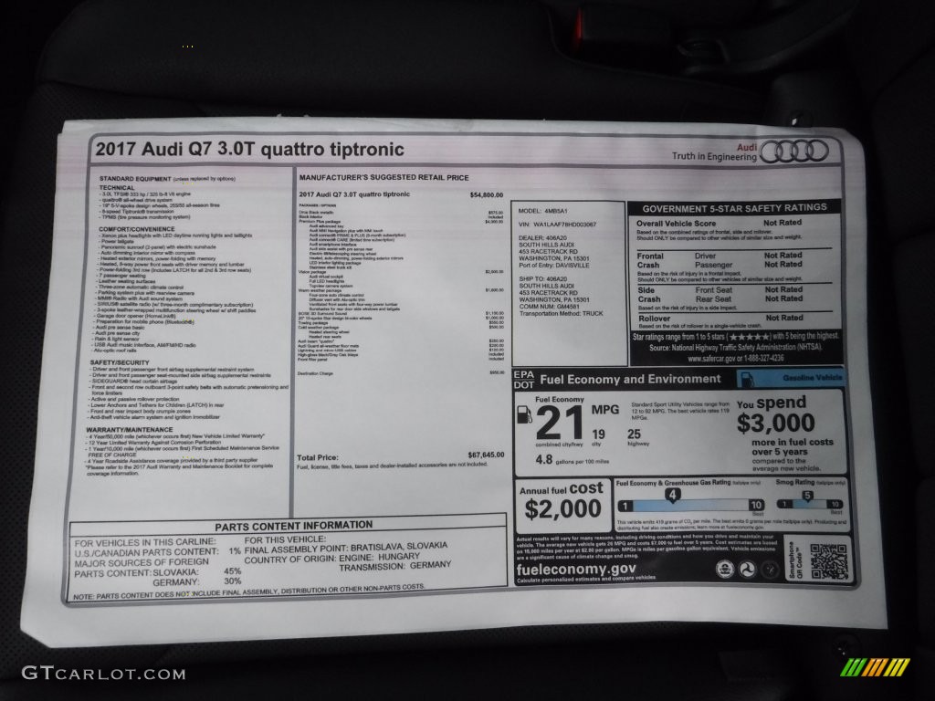 2017 Audi Q7 3.0T quattro Premium Plus Window Sticker Photo #110228456