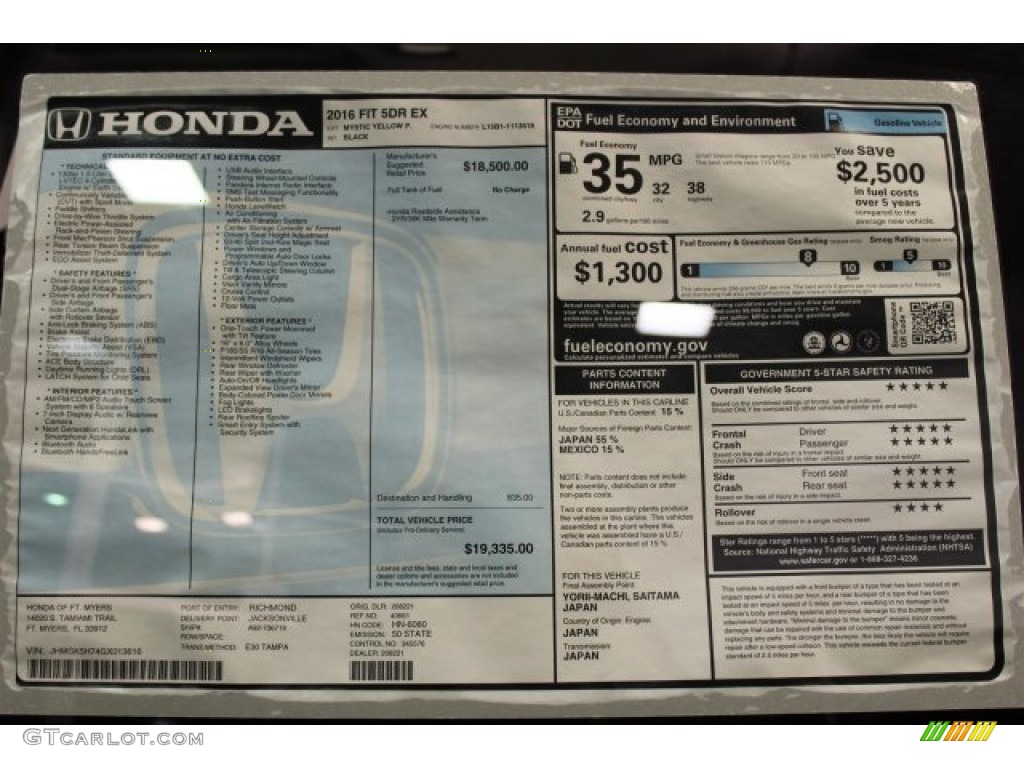 2016 Honda Fit EX Window Sticker Photo #110305950