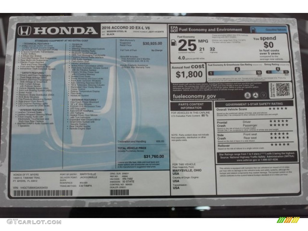2016 Honda Accord EX-L V6 Coupe Window Sticker Photos