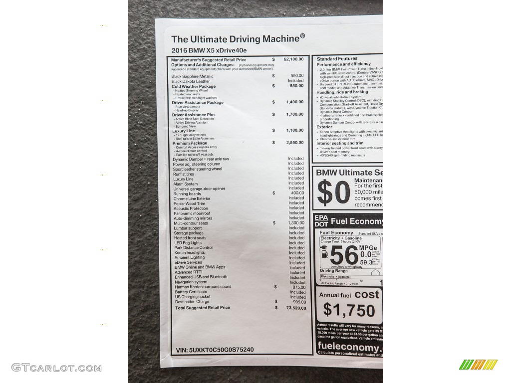 2016 BMW X5 xDrive40e Window Sticker Photo #110315414