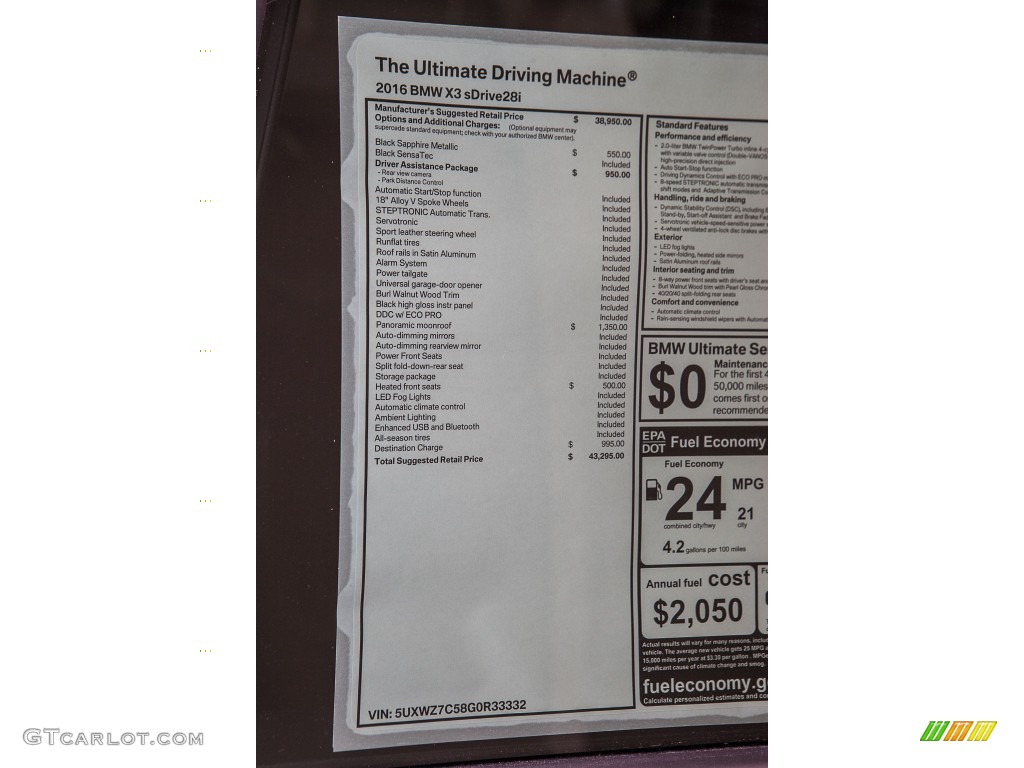 2016 BMW X3 sDrive28i Window Sticker Photos