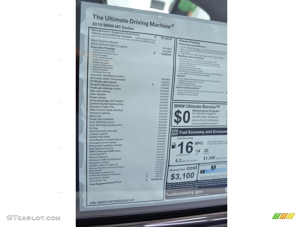 2016 BMW M5 Sedan Window Sticker Photo #110458330