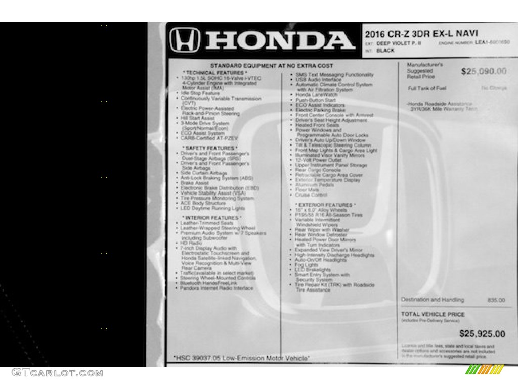 2016 Honda CR-Z EX-L Navi Window Sticker Photo #110472458