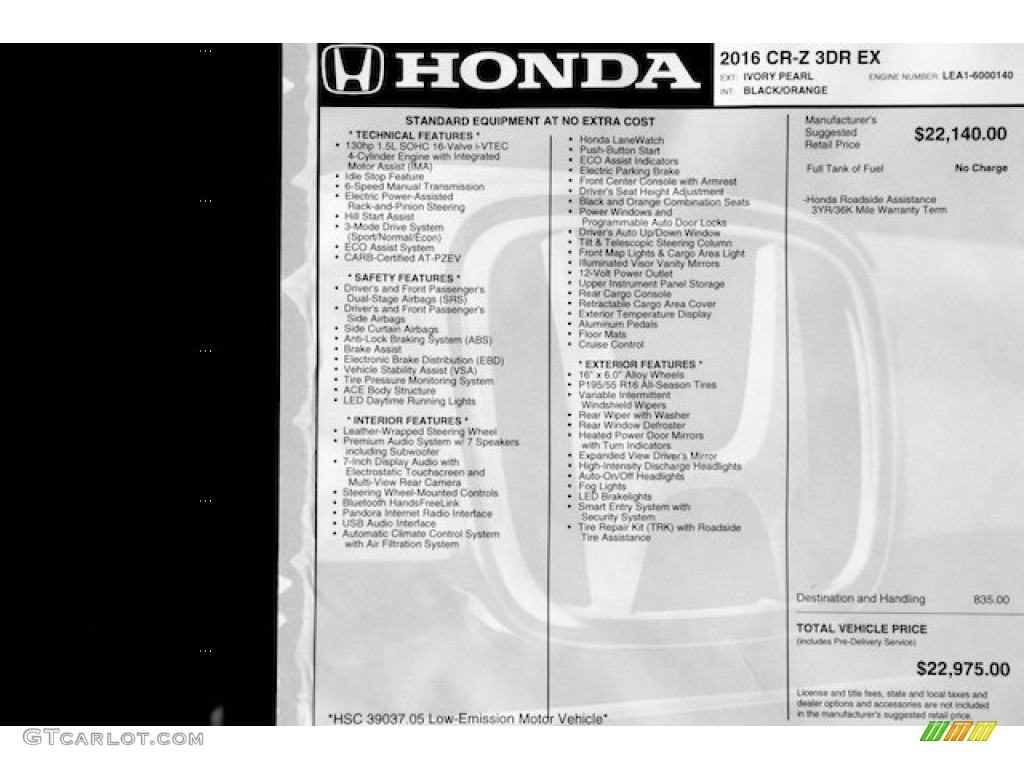 2016 Honda CR-Z EX Window Sticker Photo #110472611