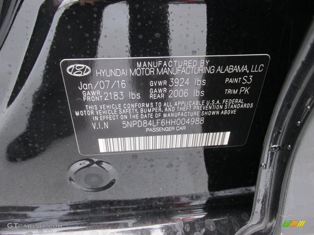 2017 Elantra Color Code S3 for Black Photo #110491952