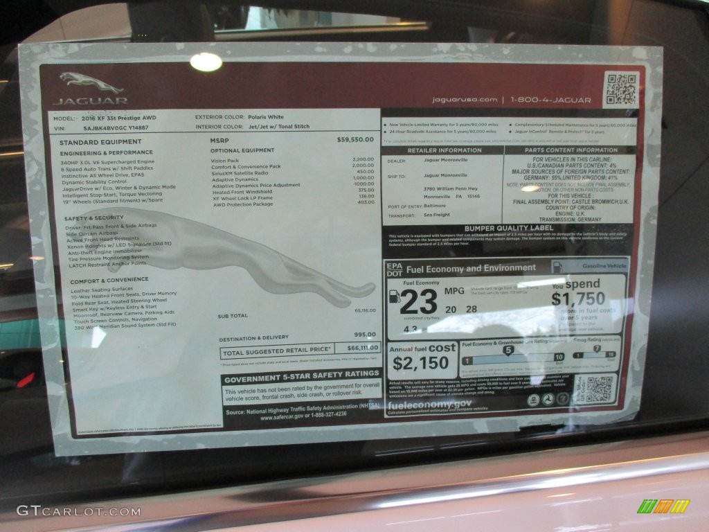 2016 Jaguar XF 35t AWD Window Sticker Photo #110531408