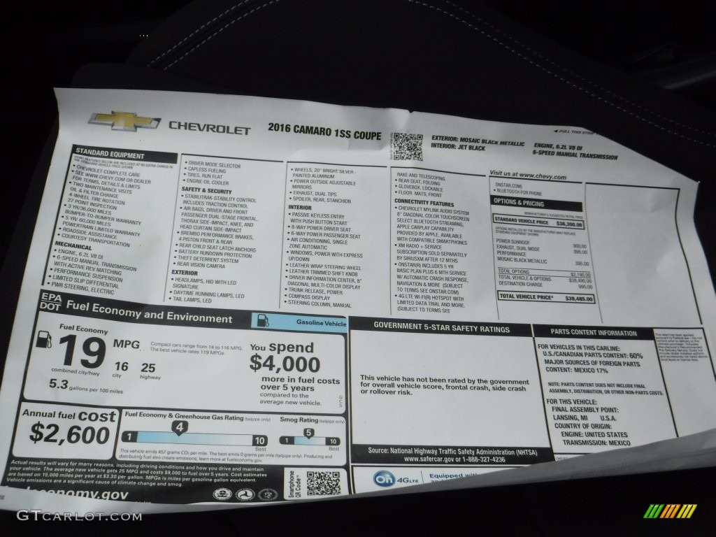 2016 Chevrolet Camaro SS Coupe Window Sticker Photo #110543282