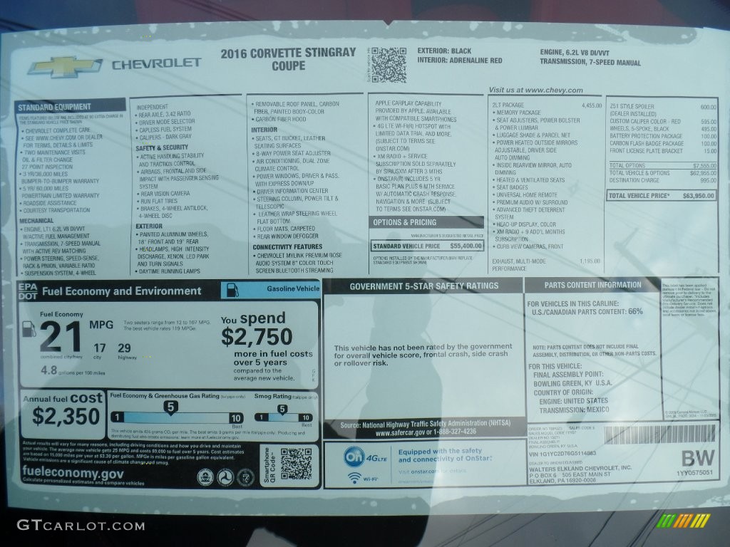 2016 Chevrolet Corvette Stingray Coupe Window Sticker Photo #110593018