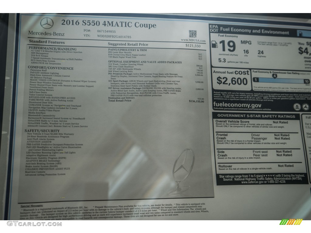 2016 Mercedes-Benz S 550 4Matic Coupe Window Sticker Photo #110682857