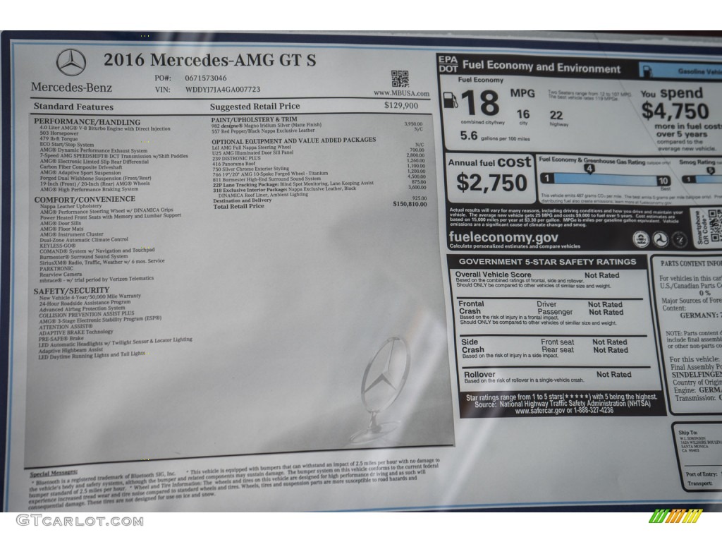 2016 Mercedes-Benz AMG GT S Coupe Window Sticker Photo #110683299