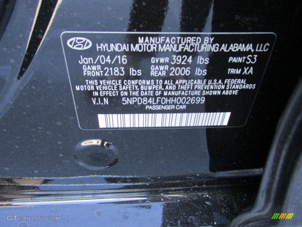 2017 Elantra Color Code S3 for Black Photo #110694734